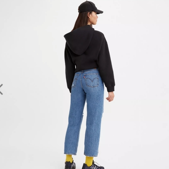 Levi's RIBCAGE STRAIGHT ANKLE CROPPED DISTRESSED JEANS Blue Size 24 - Picture 3 of 16